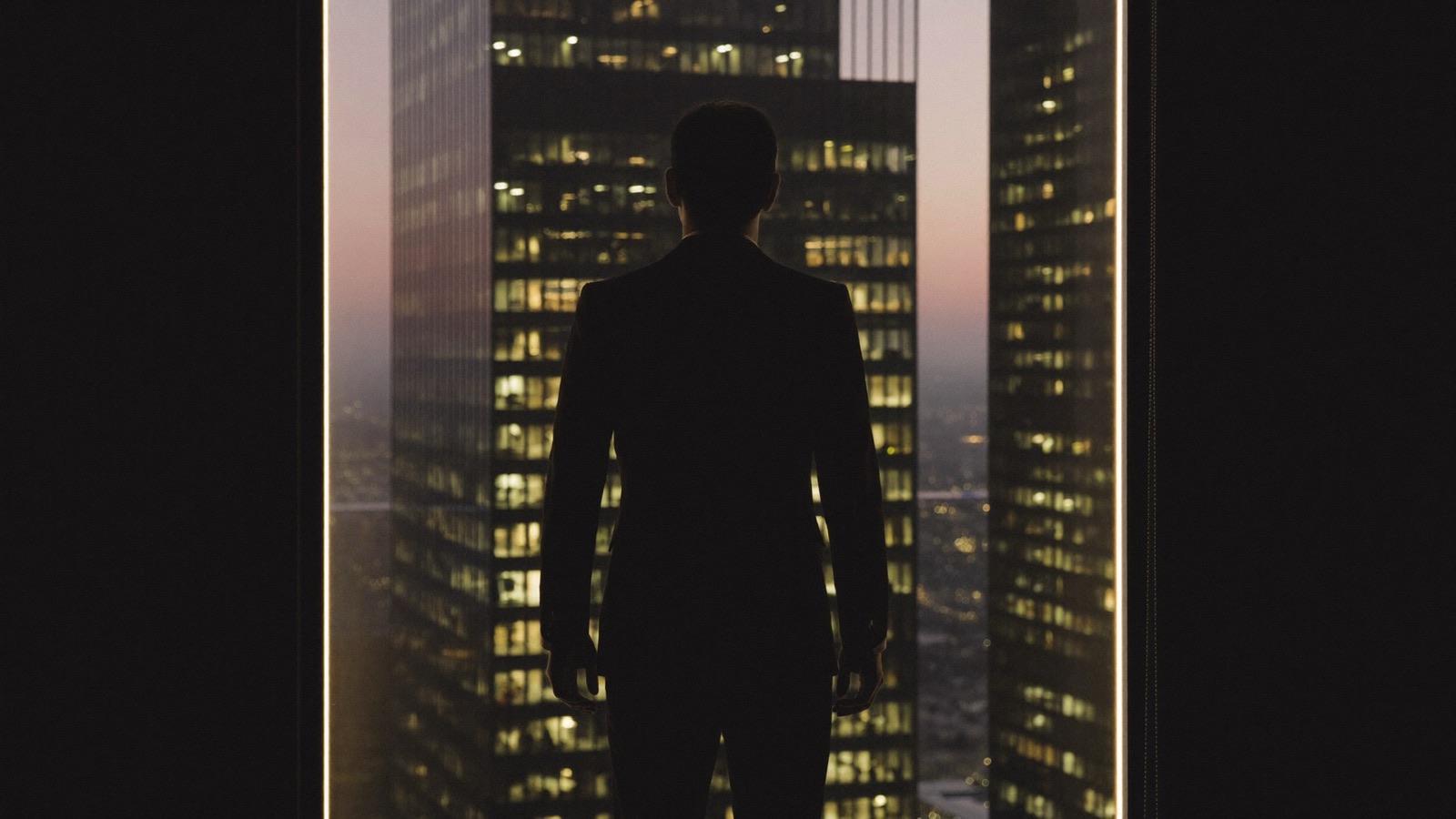 A broker at a high-rise window at dusk